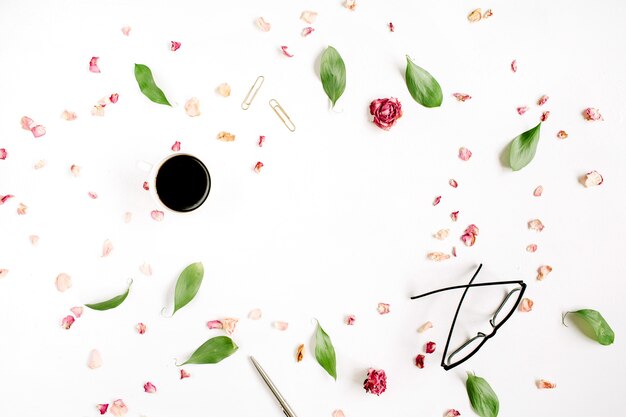 Rose bud, glasses, leaves and coffee isolated