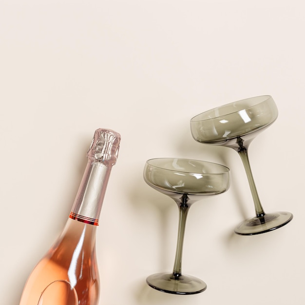 Rose champagnefles en champagneglazen van getint grijs glas op beige tafelachtergrond Minimaal drankconcept Trendy wijnglazen vintage gekleurd glas Creatief bovenaanzicht