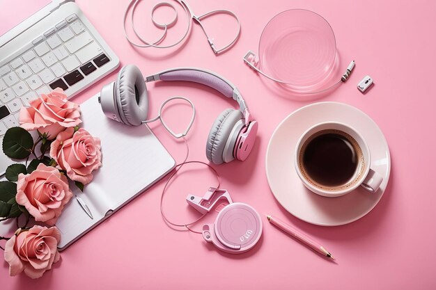 Rose coffee cup headphone laptop spiral notepad and pencil on pink background