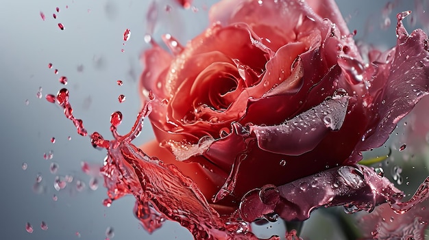 Роза, созданная с использованием красно-розовой жидкости на светло-сером фоне