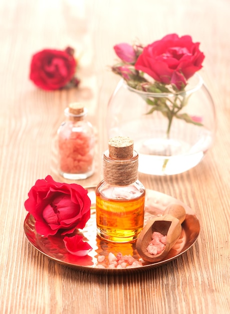 Rose essential oil sea salt and rose flowers Body Care and Spa