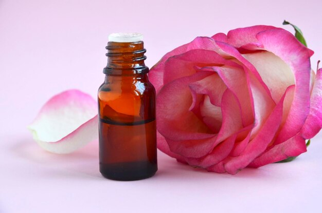 Rose etherische olie in een glazen fles op een roze backgroundSpa huidverzorging of aromatherapie concept