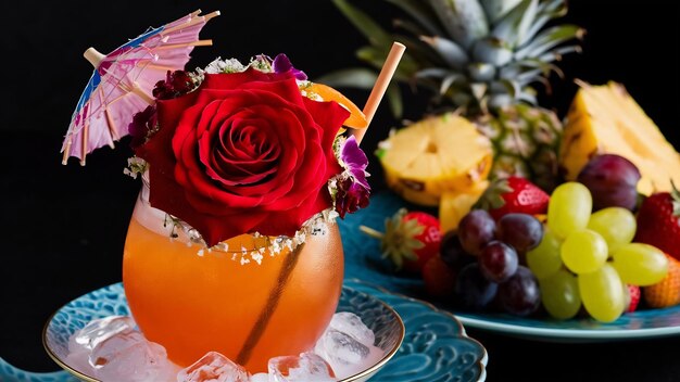 Розовый экзотический коктейль и фрукты на синем