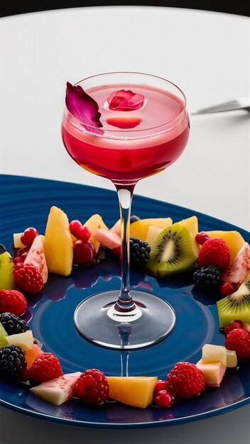 The rose exotic cocktail and fruit on blue