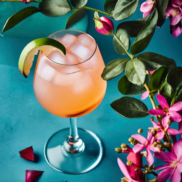 The rose exotic cocktail and fruit on blue