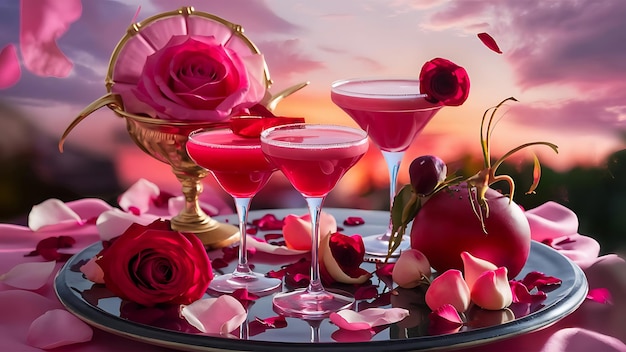 The rose exotic cocktails and fruits on pink