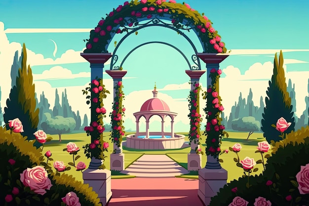 Заросший розами парк с дорожками павильона с аркой из роз и фонтаном