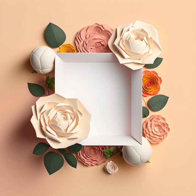 Rose Flat Lay with Blank Paper for Copy Space on Light Orange Background