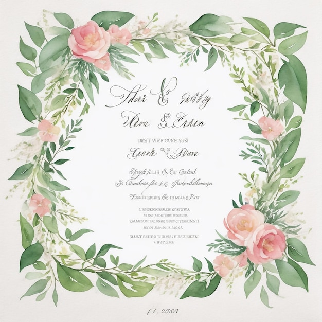 Photo rose and floral leaves wedding invitation card design