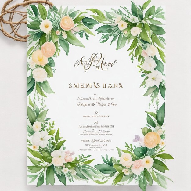 Photo rose and floral leaves wedding invitation card design