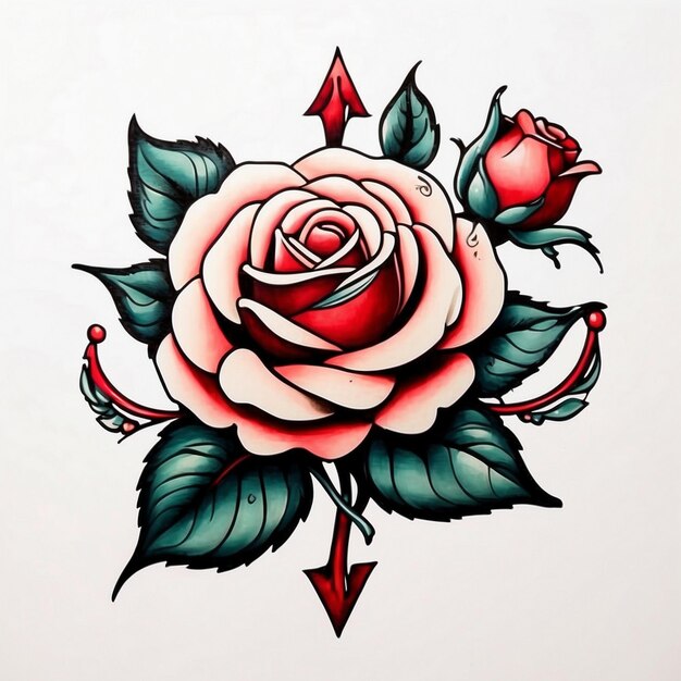 Foto disegno di fiore di rosa illustrazione di fiore di rosa disegno tatuaggio di rosa arte a tema di rosa fiore di rose vettore