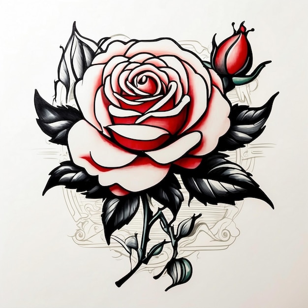 Foto disegno di fiore di rosa illustrazione di fiore di rosa disegno tatuaggio di rosa arte a tema di rosa fiore di rose vettore