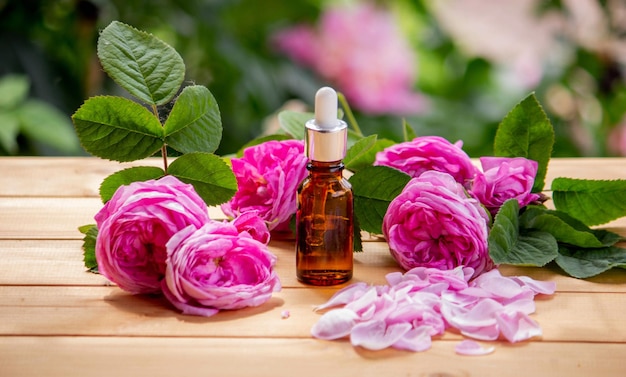 Rose flower and essential oil spa and aromatherapy