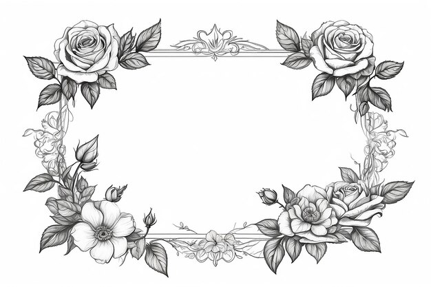 Rose Flower Frame Drawing Sketch on White Background