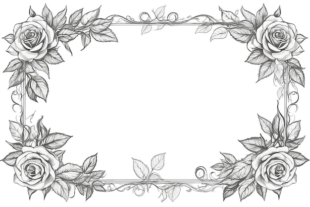 Rose Flower Frame Drawing Sketch on White Background