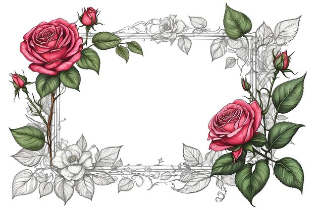 Rose Flower Frame Drawing and Sketch on White Background