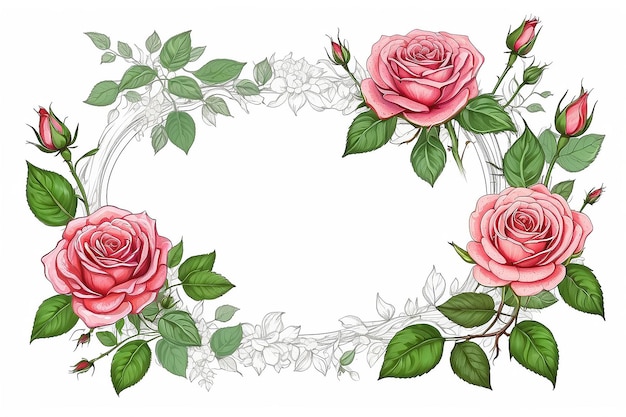 Foto disegno a cornice di fiori di rosa su sfondo bianco