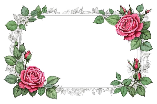 Foto disegno e schizzo a cornice di fiori di rosa su sfondo bianco