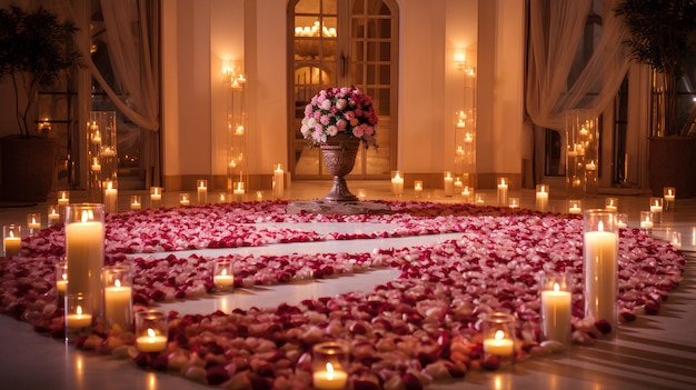 Rose flower petals with candles on the floor romantic background romantic wallpaper