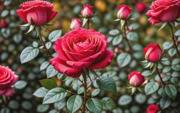 秋の自然の中のバラの花植物クローズアップ緑の背景のボケ味を持つ庭の赤いバラ