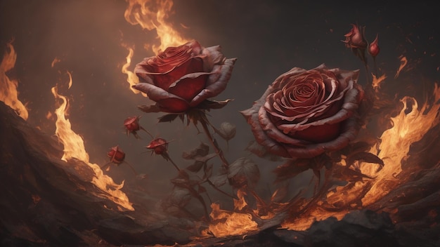 Photo rose flowers burning in fire generative ai