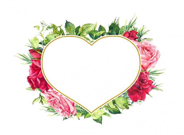 Rose flowers and greenery in heart shape frame. Leaves, grass, herbs. Romantic illustration for wedding, save date card