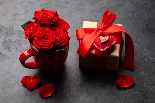 Rose flowers and Valentines day gift box