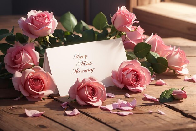 rose flowers with an empty note for copy space on wooden table mother39s day concept