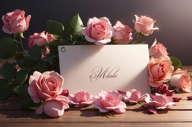 rose flowers with an empty note for copy space on wooden table mother39s day concept