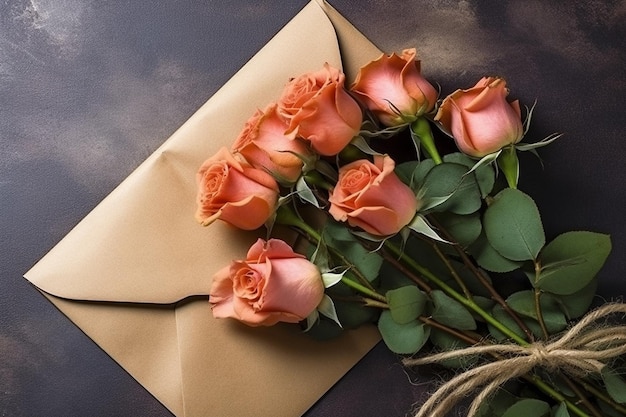 Rose flowers with paper in envelope