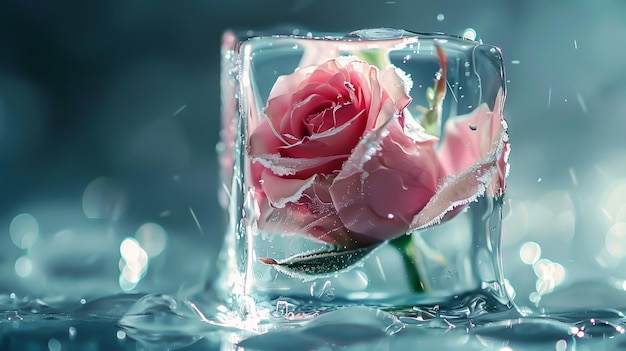 Photo a rose in a frozen ice cube