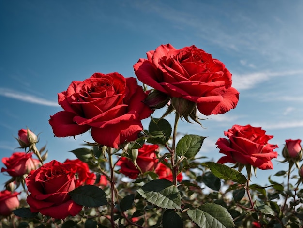 rose garden on blue sky background
