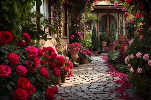 A rose garden with a winding path leading into the distance