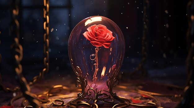 роза в стеклянном шаре с золотыми монетами