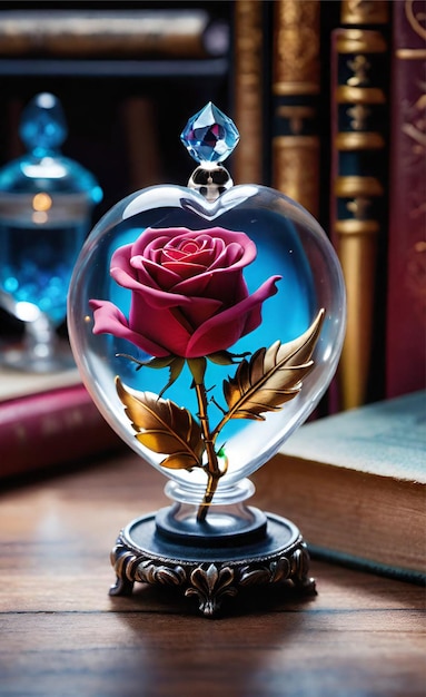Foto una rosa in un cuore di cristallo di vetro