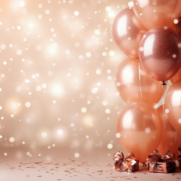 Rose gold balloons and gift box on bokeh background