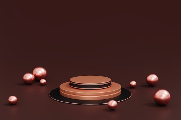 Rose gold and black podium on dark, abstract geometric cylinder podium