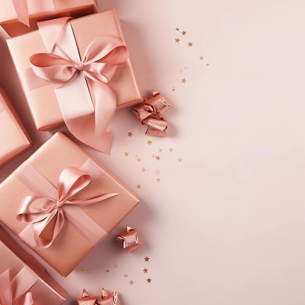 Rose gold gift boxes with ribbons and stars