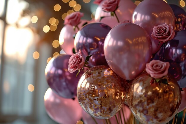rose gold and gold foil balloons with roses Copy space