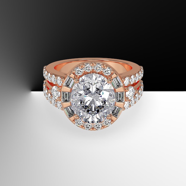 Помолвочное кольцо с ореолом из розового золота с овальным центральным камнем и боковыми бриллиантами на разделенном хвостовике 3d рендеринг