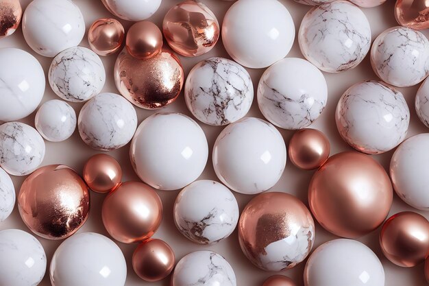 Rose gold sphere and white marble balls abstract background