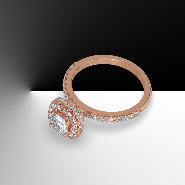 Rose gouden halo verlovingsring met kussen geslepen middensteen en zijstenen op schacht 3d render