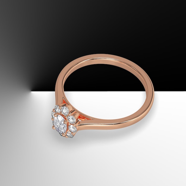 Rose gouden halo verlovingsring met ovaal geslepen middensteen effen schacht kathedraal stijl 3d render