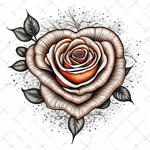 Photo rose and heart illustration old tattoo style muted color style rose in heart shape