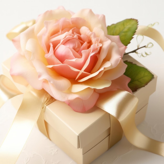 A rose is on a box with a ribbon around it.