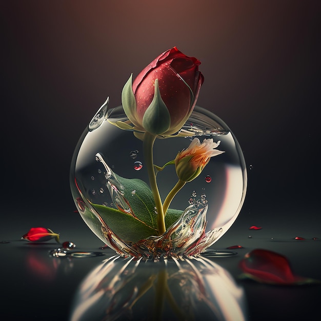 A rose is in a glass bowl with water drops on it.