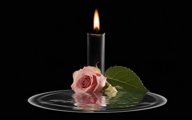 Photo a rose is in a glass of water with a candle in it