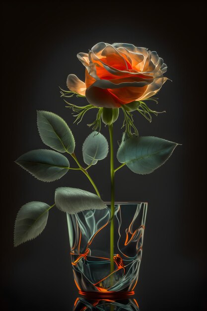 A rose is in a glass with a light on it.