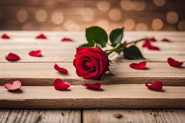 a rose is laying on a wooden table with petals scattered around it