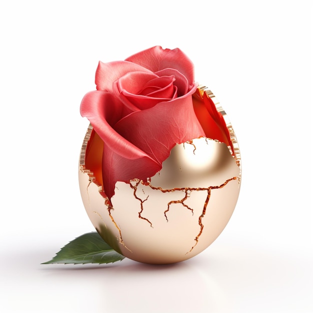 A rose is poking out of an egg with a hole